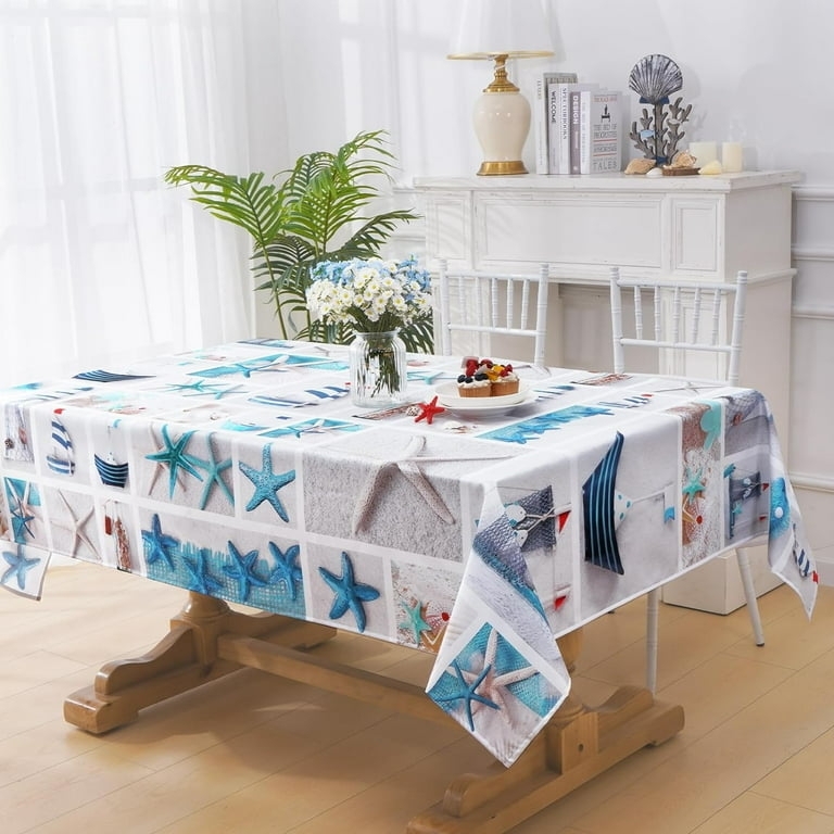 Tablecloth Nautical Collage Print Starfish, Bright Coastal Dining Decor