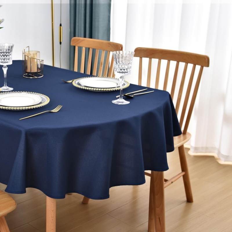Tablecloth Navy Blue Oval Silhouette Subtle Weave Elegant Classic