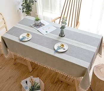 Tablecloth Neutral Stripes Lace Insert Tassel Fringe Modern Farmhouse Styling