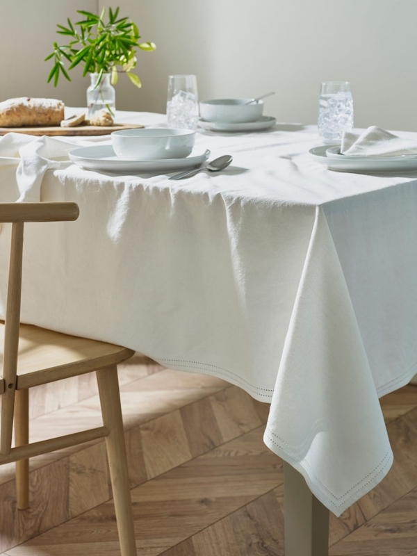 Tablecloth Off White Hemstitch Border Linen Like Minimalist Dining