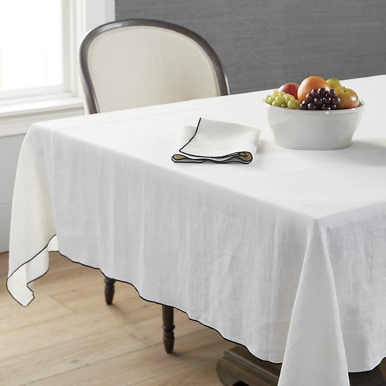 Tablecloth Off White Linen Like Contrast Black Trim Tailored Edge