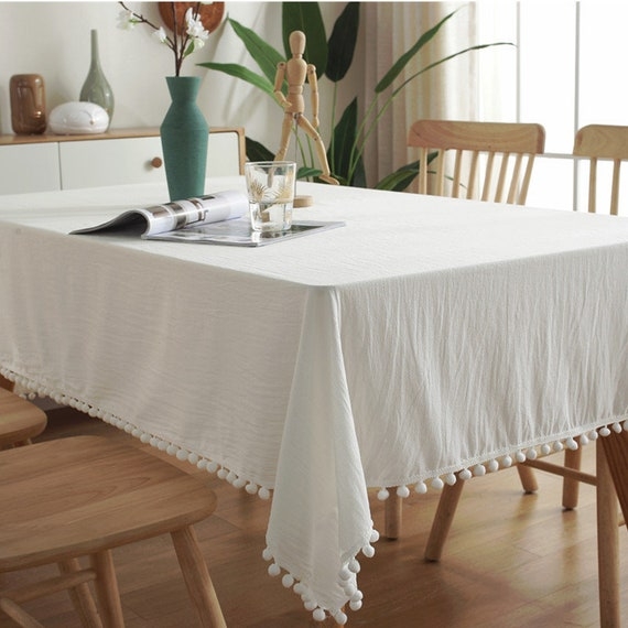 Tablecloth Off White Pom Pom Trim Stone Washed Texture Scandi Decor