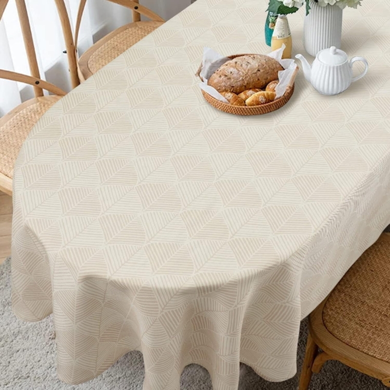 Tablecloth Oval Cut Cream Leaf Motif Pattern Minimalist Geometric
