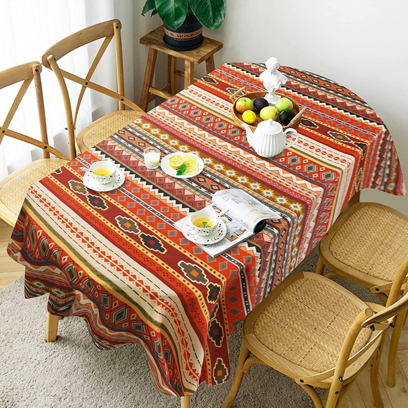 Tablecloth, Oval Cut, Warm Earth Tones, Banded Geometric Motifs