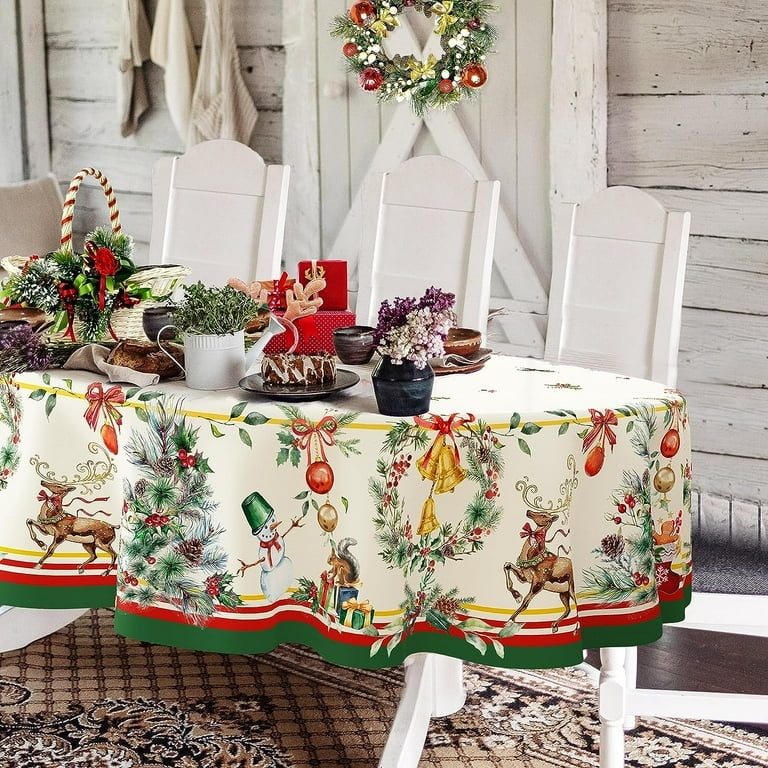 Tablecloth Oval Illustrated Reindeer Pattern Red Green Striped Border