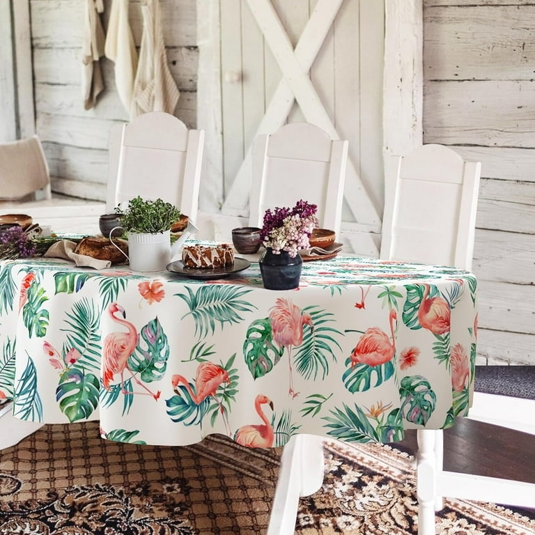Tablecloth Oval Pink Flamingo Monstera Leaf Watercolor Print