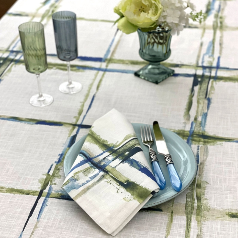 Tablecloth Painterly Grid Pattern Navy Cream Brushstroke Detail Coastal