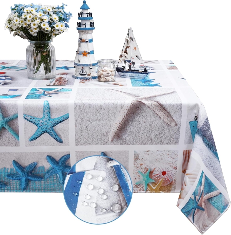 Tablecloth Photographic Grid Print Waterproof, Coastal Starfish Decor