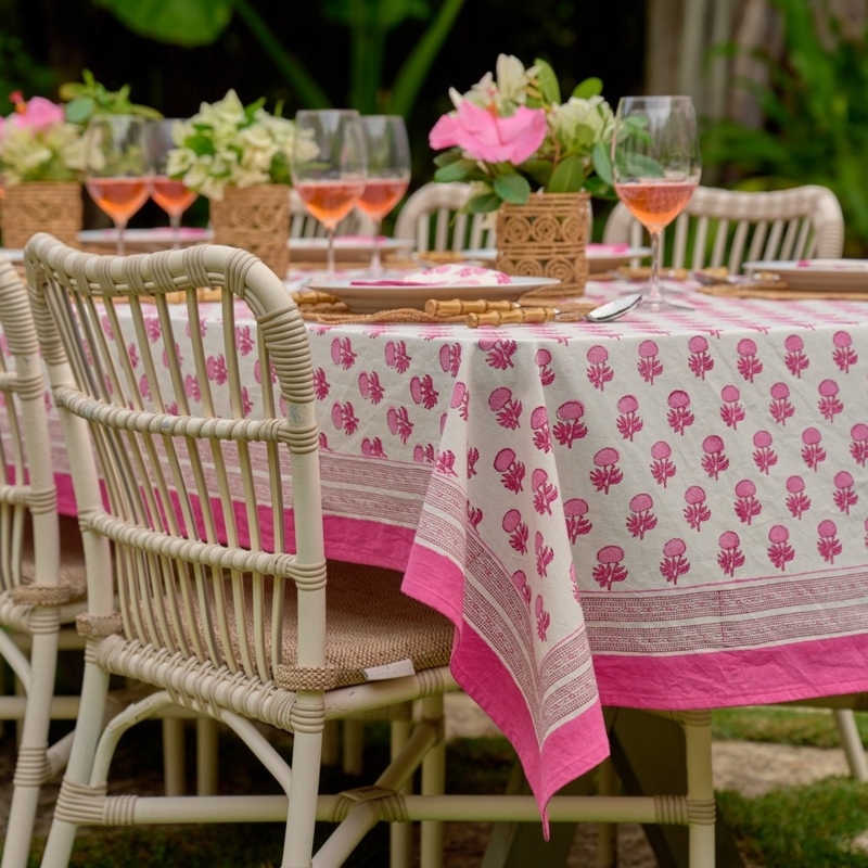 Tablecloth, Pink Hand Blocked Floral Pattern, Tropical Garden Decor