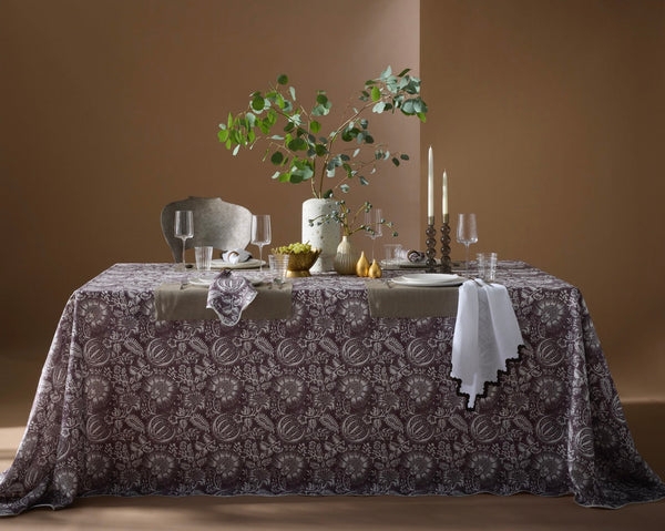 Tablecloth Plum Botanical Print Scalloped Napkin Edge Moody Setting