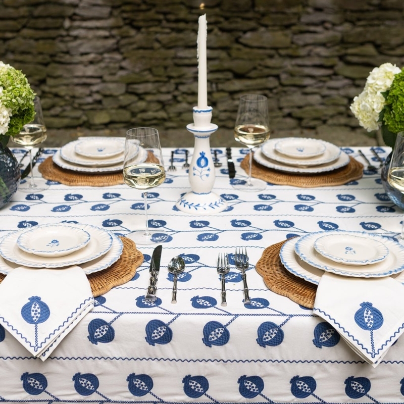 Tablecloth Pomegranate Crewel Embroidery Blue White Mediterranean Decor