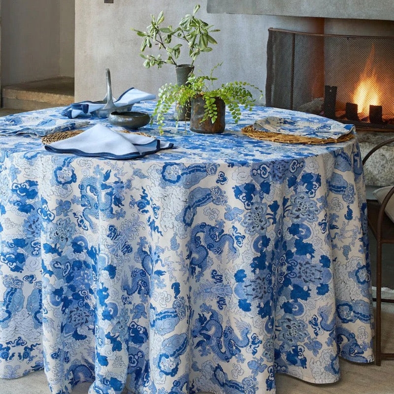 Tablecloth Porcelain Blue Chinoiserie Print Dragon Motif Floor Length