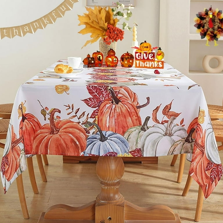 Tablecloth Pumpkin Print Leaf Pattern Blue Accents Festive Seasonal