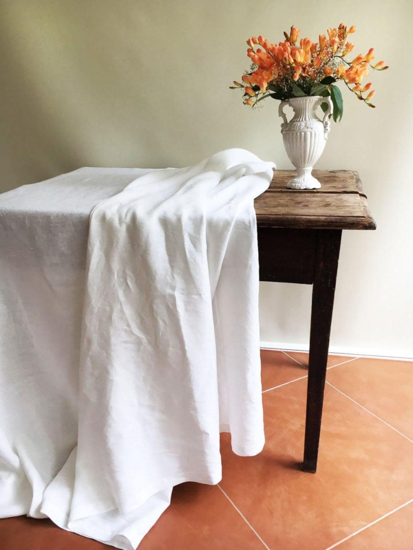 Tablecloth Pure White Linen Weave Rustic Farmhouse