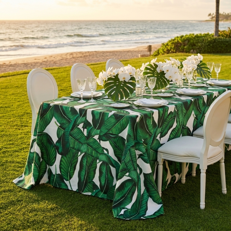 Tablecloth Rectangular Banana Leaf Print Long Drape Coastal Decor