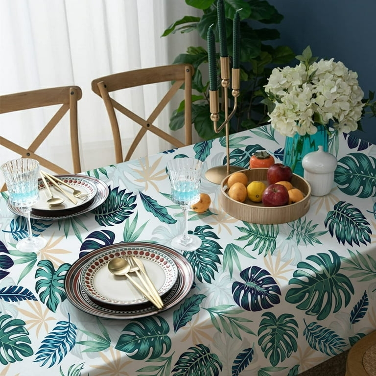 Tablecloth Rectangular Multi-Tonal Green Blue Palm Leaf Pattern Setup