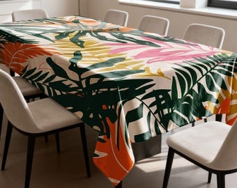 Tablecloth Rectangular Oversized Botanical Print Forest Green Orange