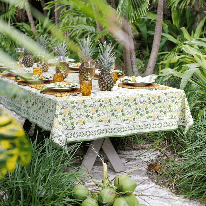 Tablecloth Rectangular Pineapple Block Print Sage Green Bordered Edge