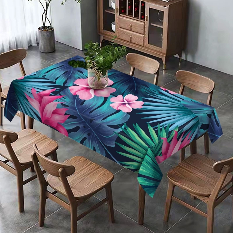 Tablecloth Rectangular Tropical Botanical Print Teal Navy Contemporary