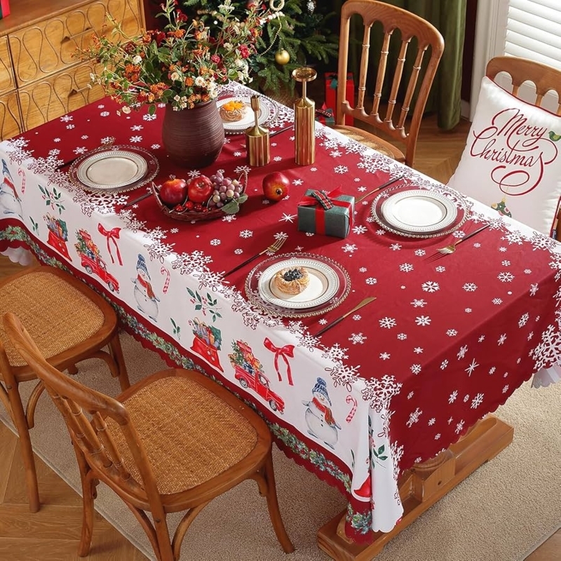 Tablecloth Red and White Festive Winter Illustrations Scalloped Hem