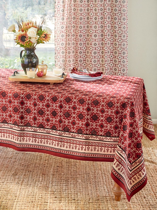 Tablecloth Red Block Print Hand Printed Aesthetic Border Bohemian Style