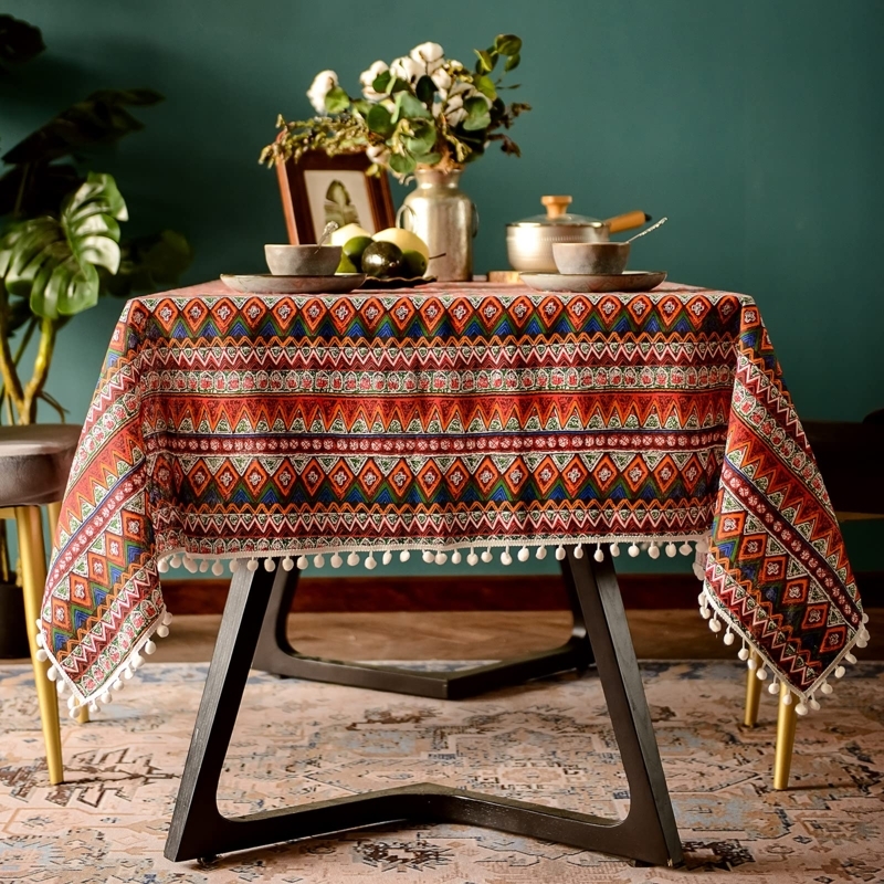 Tablecloth, Red Geometric Tribal Print, Pom Pom Tassel Fringe Edge