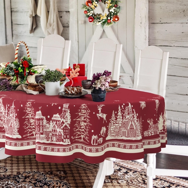 Tablecloth Red Oval Winter Scene Print Rustic Farmhouse