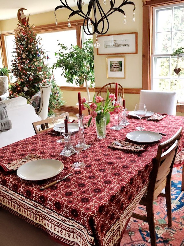 Tablecloth Red Patterned Styling Burgundy Holiday Candles Block Print