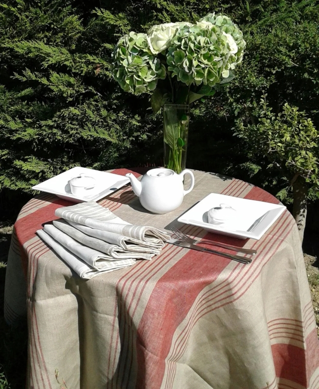 Tablecloth Red Striped Linen, French Country Tea Party Setting