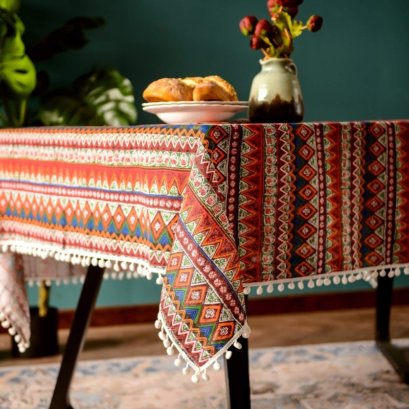 Tablecloth, Red Tribal Pattern with Pom Pom Fringe, Farmhouse Decor