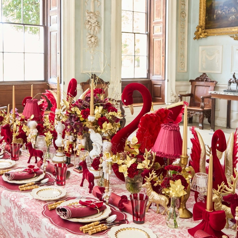 Tablecloth Red Velvet Swans Maximalist Toile Christmas Decor