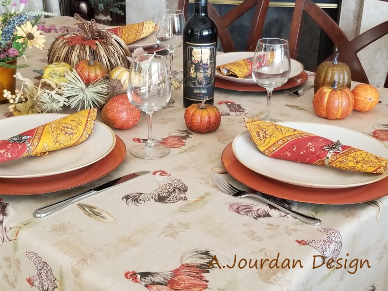 Tablecloth Rooster Illustration Autumnal Theme Orange Festive French