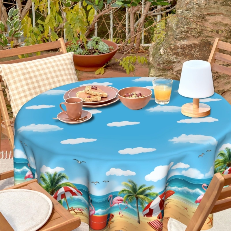 Tablecloth Round 60 Inch Sky Blue Flamingo Beach Scene Coastal Patio