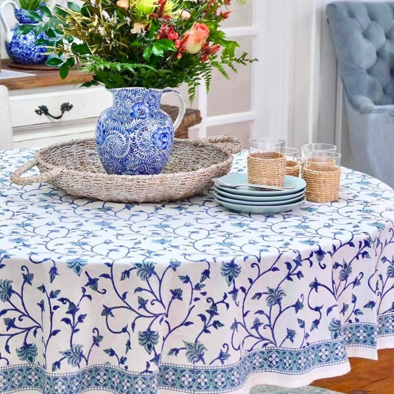 Tablecloth Round Blue White Block Print Botanical Vine Coastal