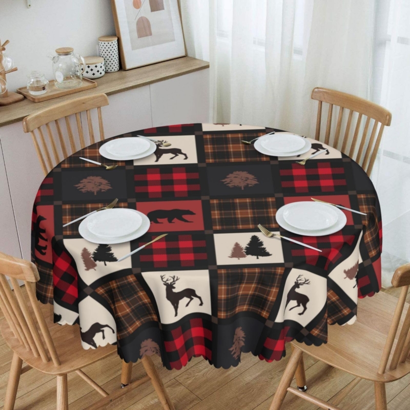 Tablecloth Round Buffalo Plaid Scalloped Edge Animal Silhouettes
