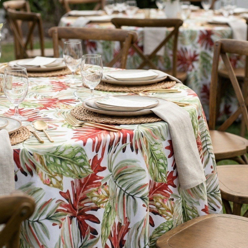 Tablecloth Round Floor-Length Vibrant Red Green Tropical Leaf Print