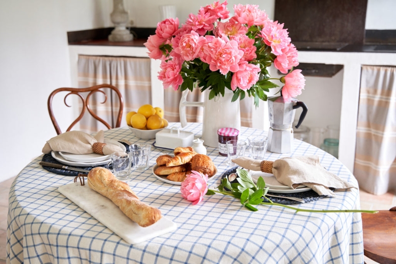 Tablecloth Round Linen Like Texture Windowpane Check Cozy Airy