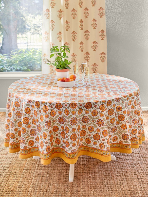 Tablecloth Round Orange Hand Block Print Floral Border Cotton