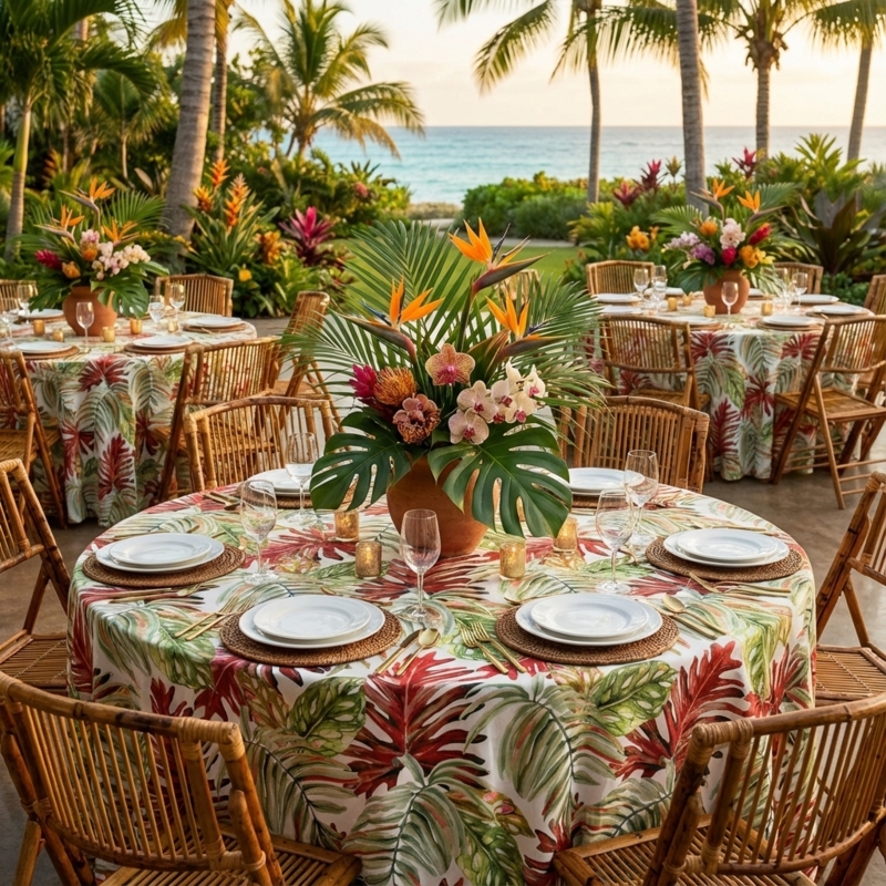 Tablecloth Round Rust Red Palm Leaf Print Linen-Like Outdoor Sunset