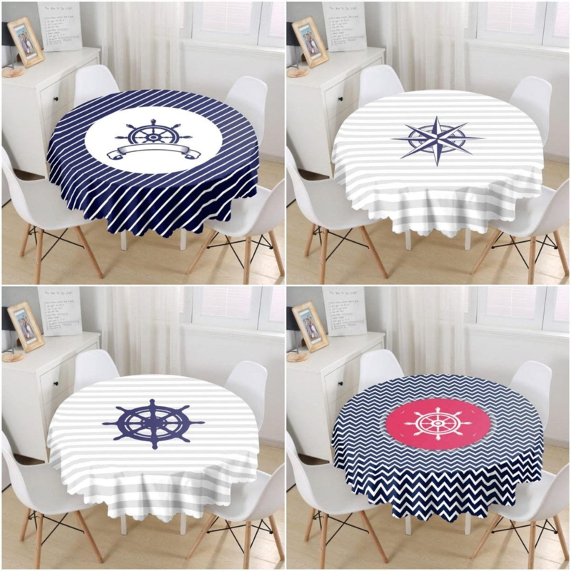 Tablecloth Round Ship Wheel Motif Coastal Dining Room Decor