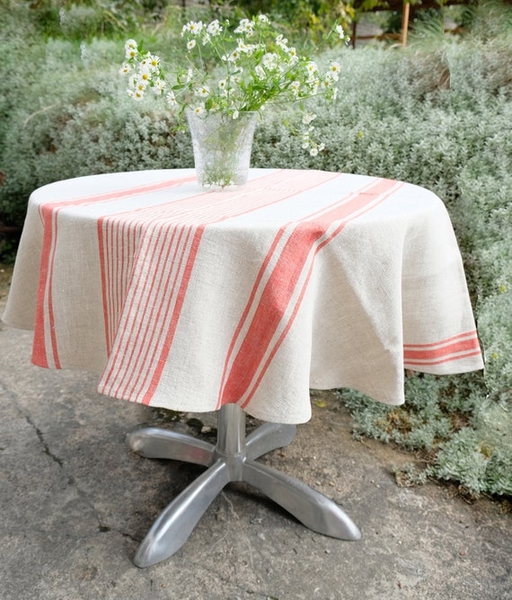 Tablecloth Round Striped Pattern Linen Like, Rustic Striped Outdoor