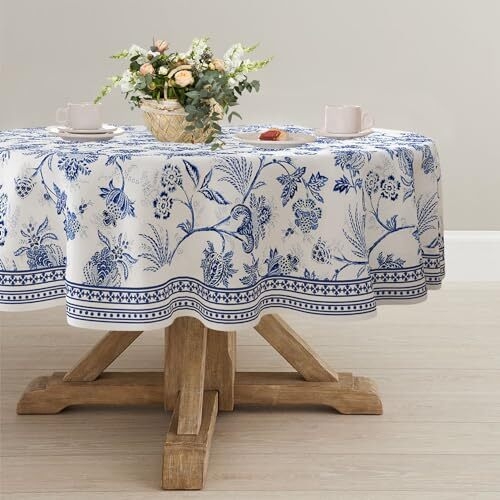 Tablecloth Round Toile Inspired Print Tiered Border French Country