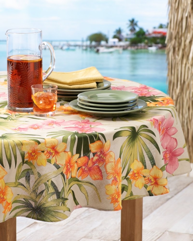 Tablecloth Round Tropical Orchid Palm Print Coastal Resort Dining