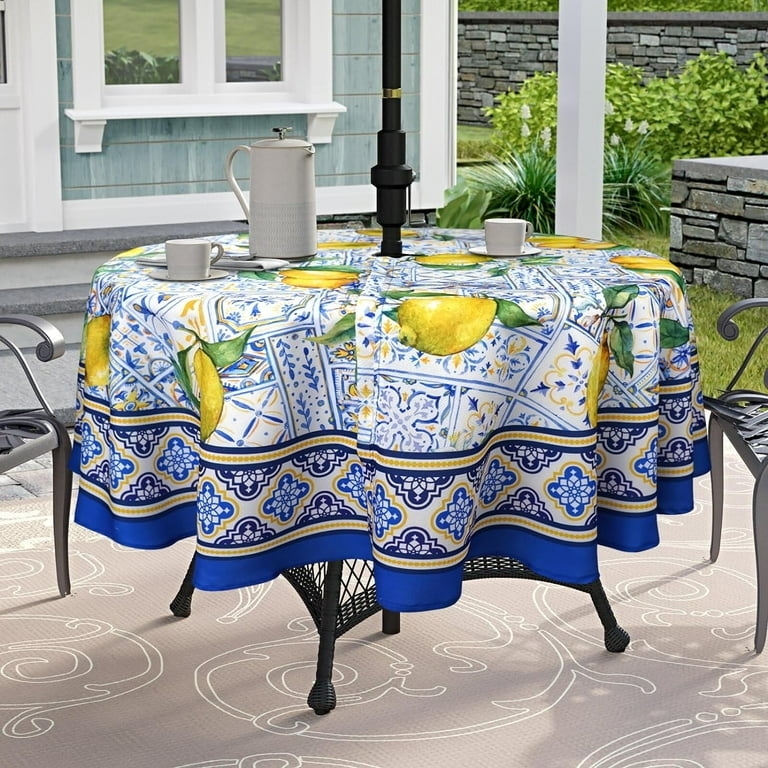 Tablecloth Round Umbrella Hole Zipper Lemon And Tile Print Outdoor