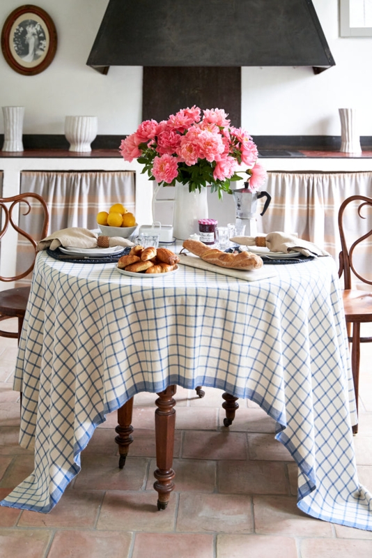 Tablecloth Round Windowpane Check Blue And Natural French Country