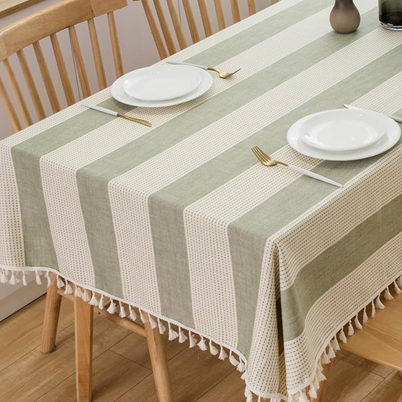 Tablecloth Sage Green Cream Stripes Tassel Fringe Textured Weave