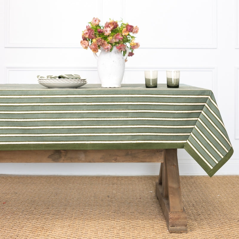 Tablecloth Sage Green Dotted Stripes Muted Tone Modern Farmhouse Decor