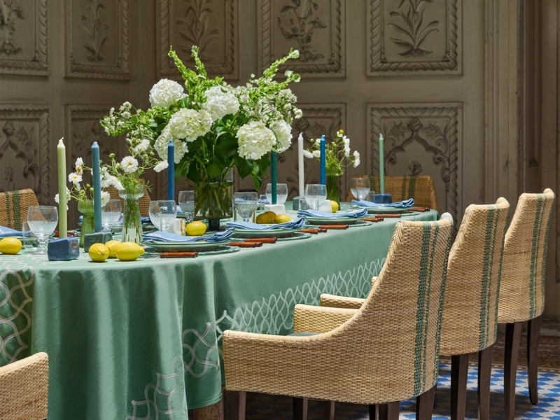 Tablecloth Sage Green Geometric Border Striped Rattan Chairs