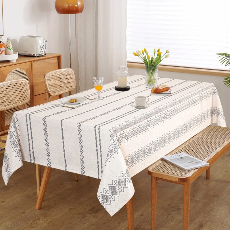 Tablecloth, Scandi Gray Striped Pattern with Geometric Border Edge