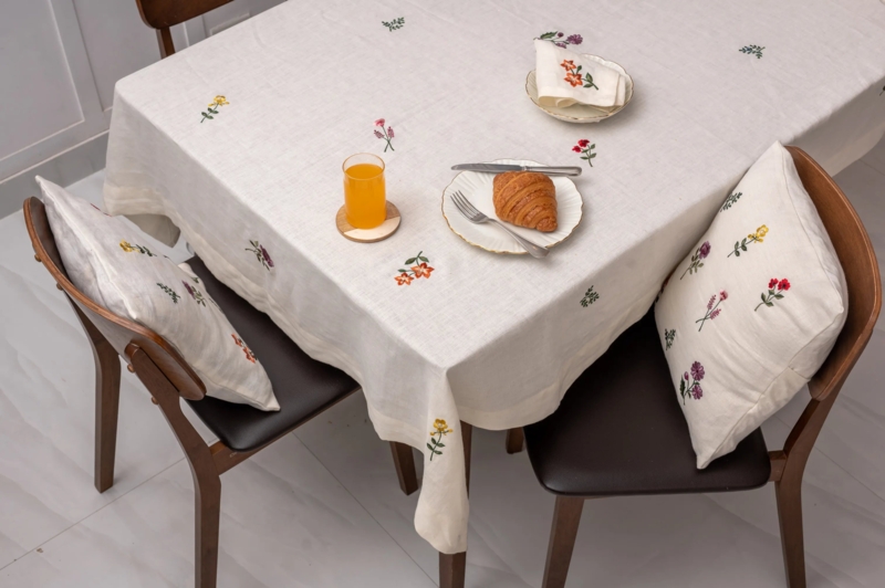 Tablecloth Scattered Floral Embroidery Linen Texture Cottagecore Style